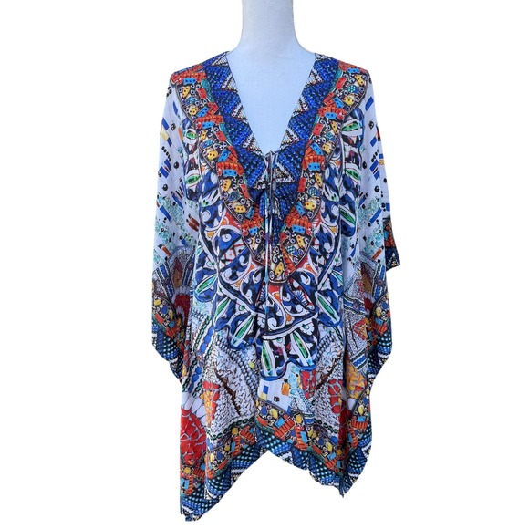 Sakkas Cover Up One Size White Colorful Print Kaftan Tunic Top - Picture 1 of 8